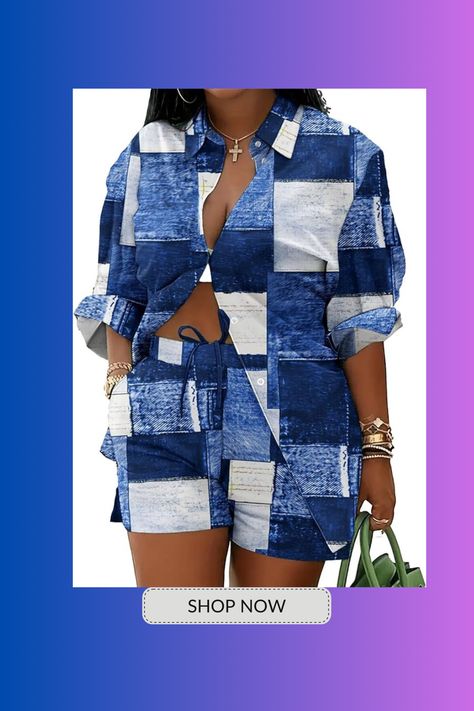 Material: The fabric is soft, skin friendly and breathable, stretchy, lounge casual, make you have a comfortable wearing experience. Mode Prints, Summer Prints Fashion, 2piece Outfits, Patchwork Shirt, Moda Plus, Turndown Collar, Drawstring Shorts, Women Set, Botswana