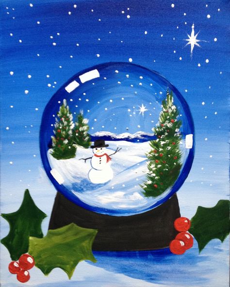 Snowglobe Painting, Christmas Paintings On Canvas, Paint Nite, Snowman Painting, Holiday Painting, Soyut Sanat Tabloları, Easy Canvas Painting, Winter Painting, Canvas Easy