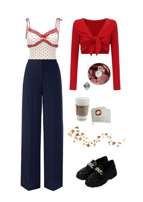 red taylors version inspired outfit outfit ideas | red taylors version inspired outfit Red Bow Top Outfit, Red Fall Aesthetic Outfit, Ts Red Cardigan Outfit, Fall Red Aesthetic Outfit, Red Academia Aesthetic Outfits, Dots Dress, Madeleine Fashion, Cathy Waterman, Taylor Swift Red