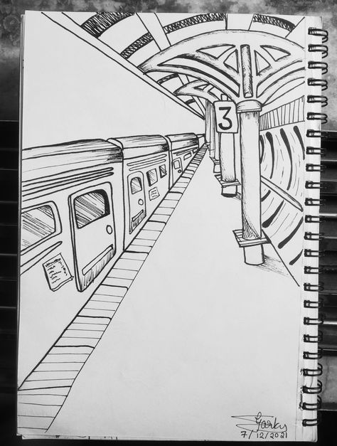 Ink art, station, platform, train, black and white 2 Point Perspective Drawing Village, Vantage Point Drawing, Linear Perspective Drawing Easy, One Point Perspective Drawing Street, 1point Perspective Drawing, 1 Point Perspective Drawing Easy, Vanishing Point Drawing, Easy Perspective Drawing, Perspective Drawing Easy