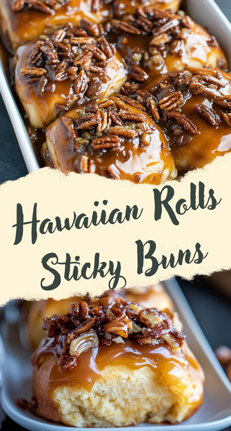 A close-up of gooey sticky buns made from Hawaiian rolls, covered in caramel sauce and topped with chopped pecans. Kings Hawaiian Sweet Rolls, Hawaiian Rolls Cinnamon Buns, Easy Sticky Buns Recipes, Sticky Bun Cake, Dinner Recipes Using Hawaiian Sweet Rolls, Hawaiian Rolls Dessert, Sweet Rolls Recipe Sticky Buns, Hawaiian Roll Sticky Buns, Kings Hawaiian Sticky Buns