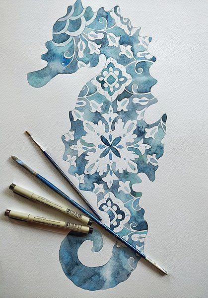 Seahorse Illustration, Culture Of India, Blue Seahorse, Magic Runes, Seahorse Art, Art Studio Design, Goa India, White Tattoo, Sea Horse