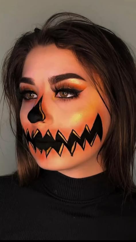 Cute Pumpkin Makeup Ideas, Jack O Lantern Makeup, Pumpkin Makeup Ideas, Pumpkin Face Paint, Pumpkin Eyes, Makeup Ideas Halloween, Aqua Paint, Pumpkin Jack O Lantern, Cute Halloween Makeup