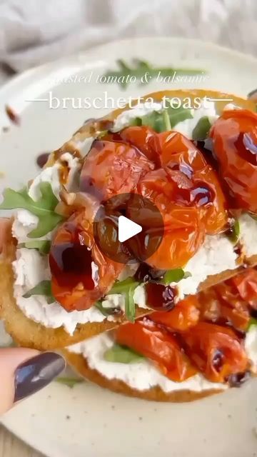 Vegan Recipe on Instagram: "✨Bruschetta Toast✨
Credit By @veggieworldrecipes

This roasted tomato & balsamic glaze is a great way to spice up your toast and make it extra fancy and delicious😍 I loveee making this combo for breakfast or lunch, but I think it would also be an amazing appetizer to serve to friends! Feel free to double or triple the recipe if needed🥰

✨Roasted Tomato & Balsamic Bruschetta Toast✨

✨Ingredients
2 slices of bread
olive oil
1 cup of cherry tomatoes
1 clove garlic
1/2 small onion
balsamic vinegar
flakey salt
pepper
arugula (or basil)
vegan ricotta
balsamic glaze (optional)

✨Directions
Preheat the oven to 450*F/ 230*C.

Wash the cherry tomatoes.

Line a baking tray with parchment paper, then place the tomatoes on the tray. Also add the minced garlic and chopped o Bruschetta Ricotta, Tomato Balsamic, Balsamic Bruschetta, Bread Olive Oil, Bruschetta Toast, Baked Peppers, Flakey Salt, Vegan Ricotta, Roasted Tomato