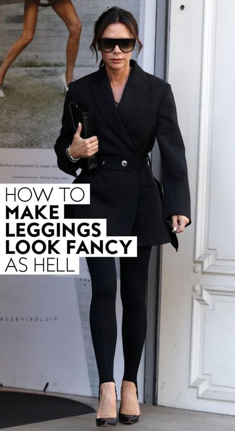 #VictoriaBeckham's secret to making leggings look fancy as hell. #leggings #victoriabeckhamstyle #howtostyleleggings #fallfashion #styletips #comfortableoutfits #easyoutfits #bestleggings #howtowearleggings #falloutfitideas Dressy Leggings Outfit, Leggings Outfit Dressy, Making Leggings, Fall Outfit Staples, Fancy Leggings, Dressy Leggings, Black Leggings Outfit, How To Wear Leggings, Summer Leggings