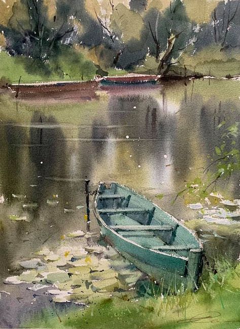 Watercolor Boat, Drawing Scenery, Sailing Art, Watercolor Art Landscape, Watercolor Paintings Nature, Watercolor Water, Lake Painting, Winter Watercolor, Boat Art