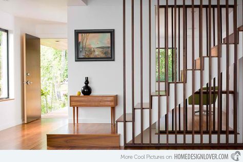 20 Attractive Wooden Staircase Design | Home Design Lover Basement Stair, Wooden Staircase Design, Architecture Renovation, Wooden Staircase, Open Trap, Contemporary Staircase, Open Staircase, Wood Slat Wall, Open Concept Living Room