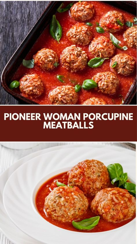 Pioneer Woman Porcupine Meatballs feature ground beef, rice, egg, spices, and tomato soup. Cooked in a savory sauce, they’re ready in 35-40 minutes, serving four. Pioneer Woman Rigatoni And Meatballs, Porcupine Meatball Recipe With Tomato Soup, Porquipine Meatball With Minute Rice, Minute Rice Meatballs, Beef Porcupine Meatballs, Slow Cooker Porcupine Meatballs, Crockpot Porcupine Meatballs, Porcupine Meatballs Oven, Porkie Pine Meatballs Ground Beef