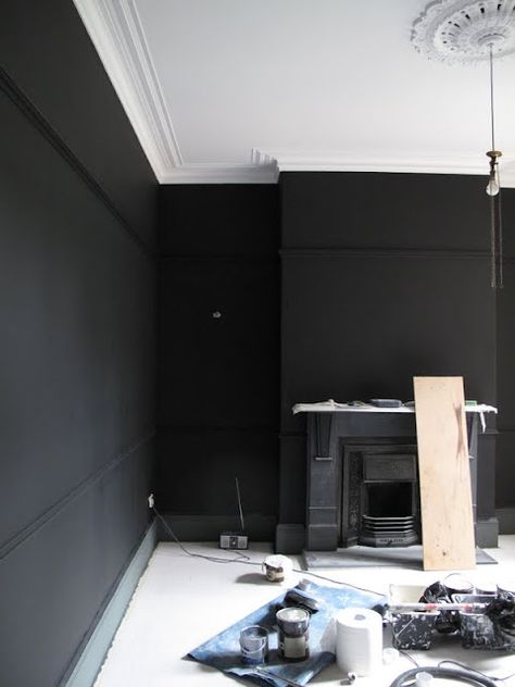 47 Park Avenue: Reception 2...Update. Black Panelled Wall, Farrow And Ball All White, White Painted Floors, Black Painted Walls, Black Rooms, Painted Floor, Farrow And Ball, Painted Walls, Pitch Black