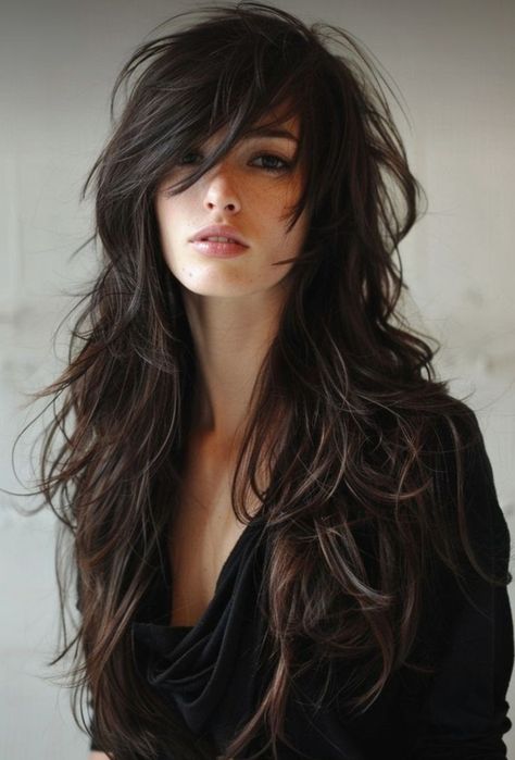 Very Long Shag Haircut, Heavily Layered Long Hair, Choppy Layered Haircuts For Long Hair, Black Shaggy Hair, Long Black Hair With Layers, Long Layered Hair With Side Bangs, Rocker Hair, Layered Hair With Bangs, Long Hair With Bangs