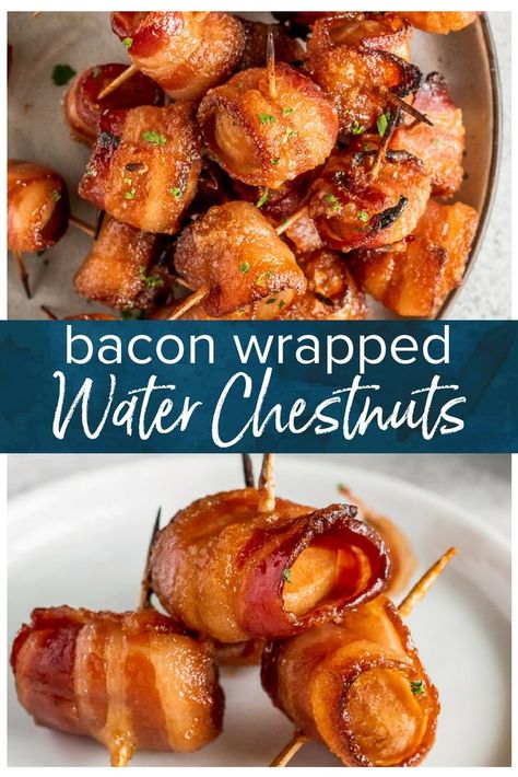 Bacon Wrapped Water Chestnuts are a simple and delicious appetizer for game day or any party. The soy-soaked water chestnuts are crunchy and flavorful, and once you add the bacon...yum! You can't go wrong with bacon wrapped appetizers. Try this bacon wrapped water chestnuts recipe right away! #thecookierookie #bacon #appetizers Bacon Wrapped Water Chestnuts Recipe, Wrapped Appetizers, Bacon Wrapped Water Chestnuts, Bacon Wrapped Appetizers, Chestnut Recipes, Appetizer Dinner, The Cookie Rookie, Cookie Rookie, Bacon Appetizers