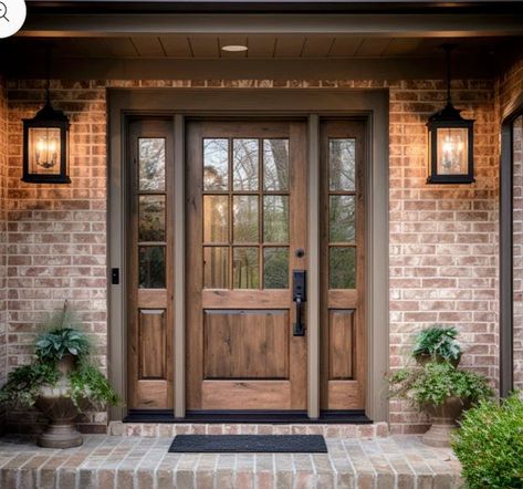 Barndominium Front Door, Rustic Front Door With Sidelights, Front Entry Door Rustic, Natural Wood Front Door Cottage, Classic Front Door, Rustic Front Door Ideas, Natiral Wood Front Door, Rustic Exterior Double Doors, French Country Front Door