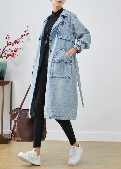 Women Light Blue Lapel Patchwork Denim Trench Coats Fall – Omychic Prague Outfits, Denim Trench Coat Outfit, Trench Coat Outfit Winter, Trench Outfit, Trench Coat Fall, Trench Coat Outfit, Denim Trench Coat, Patchwork Denim, Casual Day Outfits