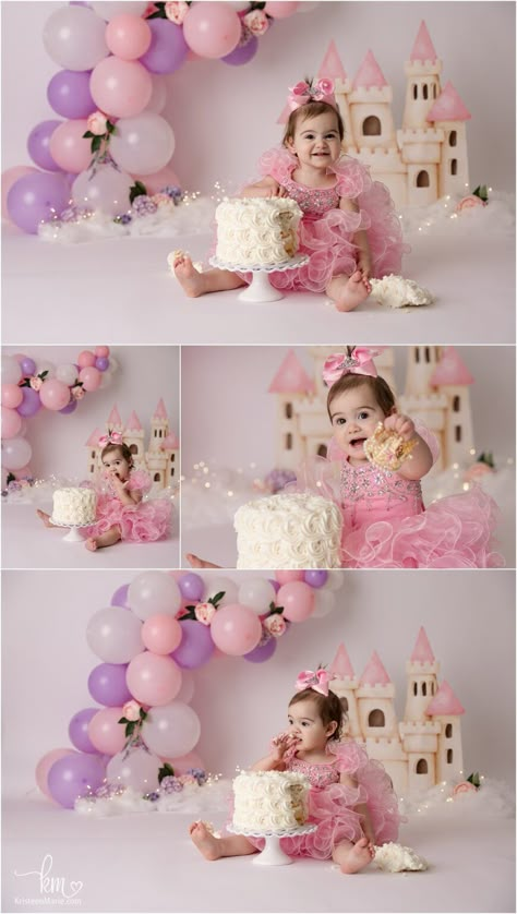 Indy's Cutest Princess: Pink Princess Cake Smash Edition · KristeenMarie Photography Barbie Cake 1 Year, One Year Princess Photo Shoot, Princess Theme Smash Cake, Princess 1st Birthday Photo Shoot, Baby Princess Photoshoot, Princess Theme Cake Smash, Princess Smash Cake 1st Birthday, Princess Theme Photoshoot, Disney Princess Cake Smash