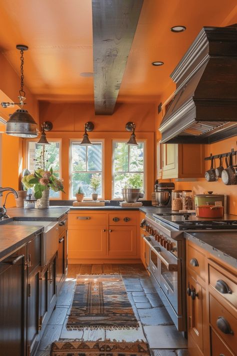 farmhouse orange kitchen Colorful Eclectic Kitchen, Burnt Orange Kitchen, Orange Kitchen Designs, Orange Kitchens, Cottage Kitchen Inspiration, Orange Cabinets, Boho Chic Kitchen, Inviting Kitchen, Terrace Kitchen