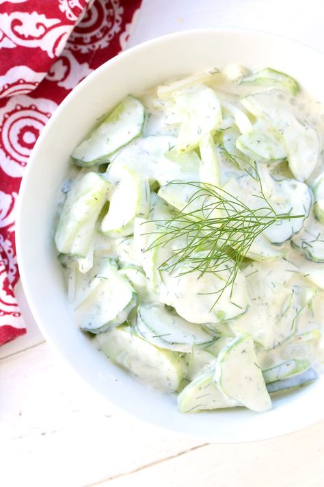 Creamy German Cucumber Salad - The Daring Gourmet German Cucumber Salad, Cucumber Dill Salad, Salad Recipes Low Carb, Salad Cucumber, Dill Recipes, Creamed Cucumbers, Cucumber Salad Recipe, Creamy Cucumber Salad, Wholesome Yum