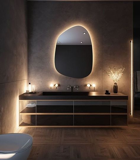 Beautiful Bathroom Mirrors, Mirror Asymmetrical, Organic Mirror, Salon Mirror, Backlit Bathroom Mirror, Bathroom Mirror Design, Salon Mirrors, Irregular Mirror, Above The Sink