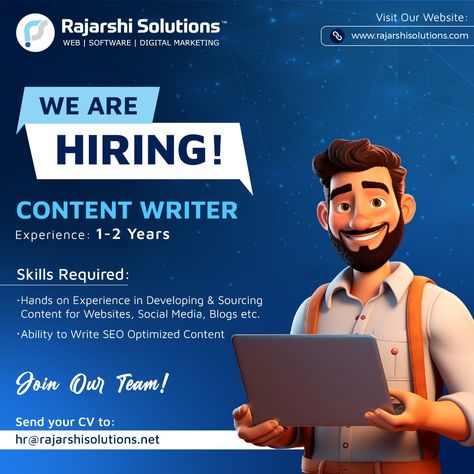 ✍ We're on the lookout for a Content Writer , who are passionate about writting valueable content for our team!  Requirements:  ▪ Minimum 1-2 Years of Experience ▪ Creative flair and excellent writing skills ▪ Ability to create engaging marketing content for website, social media, blogs, and digital ads  Connect with us and send your CV to hr@rajarshisolutions.net today! 📞 +91 79842 53395 Digital Ads, Content Writer, Space Illustration, Marketing Content, Writing Skills, Digital Marketing, Social Media, Writing, Marketing