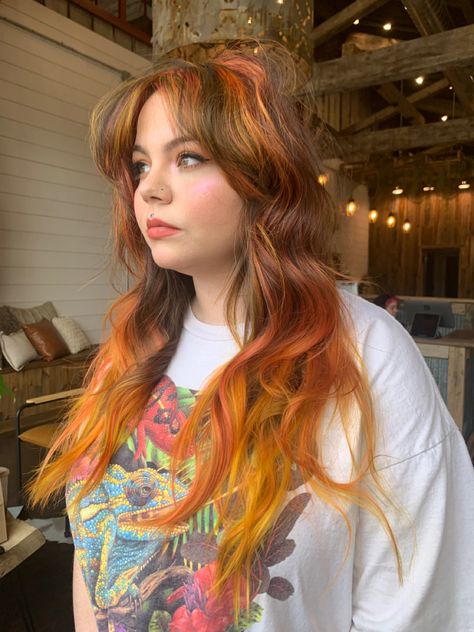 Orange Balayage On Black Hair, Orange Blonde Brown Hair, Orange Tint Hair, Neon Orange Highlights, Balayage Orange Hair, Neon Balayage, Lived In Vivid Hair, Brown Hair With Vivid Color, Sunset Peekaboo Hair