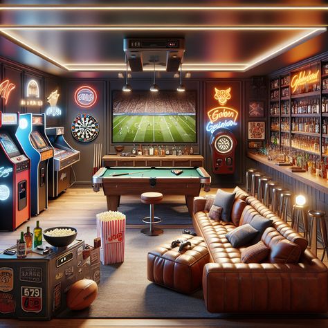 This ultimate man cave boasts a minibar, TV sports, pool table, gaming arcade, and VR corner, all wrapped in sports memorabilia decor. Let the jukebox play as you chill in the cozy, ambient setting. #ManCave #HomeBar #GameRoom #SportsDen #RetroArcade #VRGaming Arcade Room In House, Basement Arcade, Man Cave Arcade, Gaming Arcade, Billiards Bar, Sports Pool, Garage Game Rooms, Pool Table Room, Cave Room