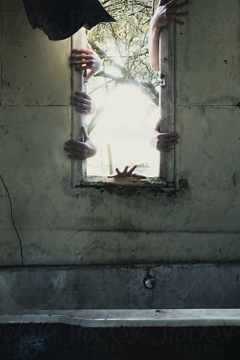 horror, hands, zombie, scary, fear, spooky, inside, home, abandoned, atmospheric, building, danger, dark, decay, eerie, grunge, house, indoors, interior, moody, urb ex, wall, window Hand On Window Reference, Hands Coming Out Of Wall, Hand On Window, Hands Clawing, Creepy Window, Exam Images, Horror Concept, Looking Through Window, Dark Window