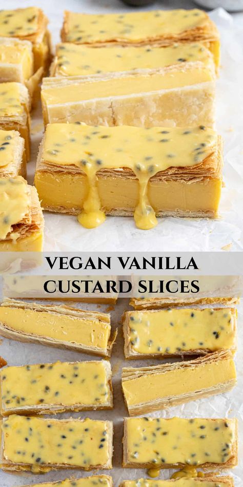 Vegan Custard Slice, Vegan Custard Recipe, Vegan Pastries Recipes, Vegan Mousse Cake, Passion Fruit Custard, Vegan Slice, Custard Slices, Vegan Custard, Fruit Glaze