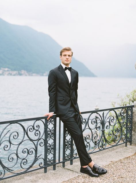 Villa Balbiano Wedding, Black Tuxedo Wedding, Groom Tuxedo Wedding, Theodore Nott, Italian Wedding Venues, Groom Tux, Wedding Tux, Beautiful Villa, Wedding Outfit Men