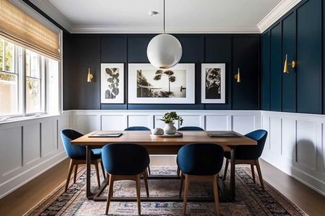 Navy paint for upper wall and lower wainscoting Blue Dining Room With Chair Rail, White Wainscoting Dining Room, Hale Navy Dining Room Walls, Dark Blue Dining Room Ideas, Dining Room Navy Blue, Wainscoting Paint Ideas, Navy Wainscoting, Dining Room Molding Ideas, Dining Room With Wainscotting