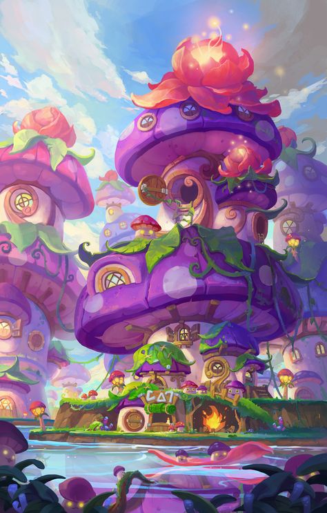 Magic House Art, Mushroom House Illustration, Mushroom Land, Fairy Mushroom House, Yuumei Art, House Artwork, Magic Land, Magic House, Fantasy Land