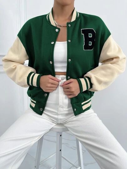 Women's & Men's Clothing, Shop Online Fashion SHEIN Green Varsity Jacket, Varsity Jacket Women, Patchwork Coat, Women Jackets, Casual Vest, Green Jacket, Casual Jacket, Printed Skirts, Outerwear Women