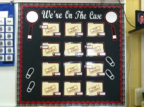 Job board. Student names are "Detective ____". Secret Agent Bulletin Board, Forensic Classroom Decor, Mystery Bulletin Board Ideas, Clue Classroom Theme, Mystery Classroom Theme, Detective Themed Classroom, Objectives Board, Mystery Unit, Spy Theme