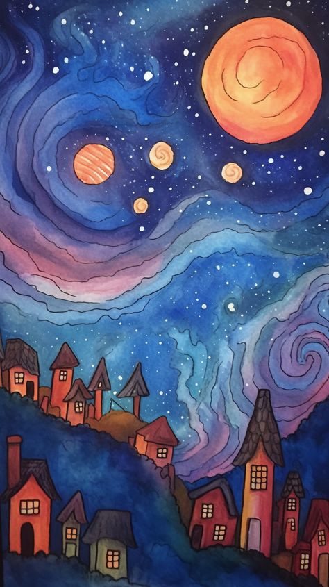 Whimsical Night Art, Space Landscape Art, Whimsical Digital Art, Whimsical Art Paintings Bright Colors, Magical Landscape Art, Watercolor Art Space, Drawing Planets Space, Surrealism Painting Dreams, Magical Painting Ideas