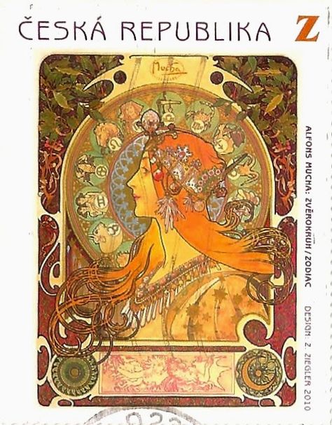 My Favorite #Stamps : Czech Republic 2010, Alfons #Mucha : Zodiak, Z Alfons Maria Mucha, Alphonse Mucha Art, Mucha Art, Alfons Mucha, Art Nouveau Poster, French Poster, Alphonse Mucha, Zodiac Art, Lithograph Print