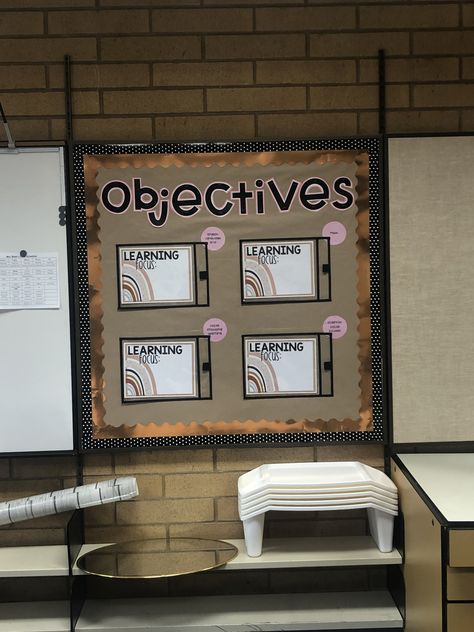 Boho themed dry erase objectives bulletin board Lesson Objectives Display, Display Standards In Classroom, Learning Objectives Bulletin Board, Objectives Board Elementary, Objective Board Elementary, Bulletin Board Ideas 4th Grade, Functional Bulletin Boards, Subject Bulletin Boards, Modern Bulletin Board Ideas