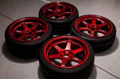 Rays Engineering Volk TE37's Red Rims Car, Jdm Rims, Racing Rims, Custom Wheels Cars, Car Rims, Volvo 740, Мотоциклы Cafe Racers, Car Shoe, Rims And Tires