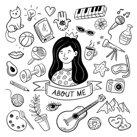 Illustrated person with hobbies and inte... | Premium Vector #Freepik #vector #person #profile #information #identity Portrait Doodle Illustrations, My Identity Art, Self Portrait Doodle, Personality Drawing Ideas, Personal Identity Art, About Me Illustration, Simple Person Drawing, Doodles Person, Hobbies Illustration