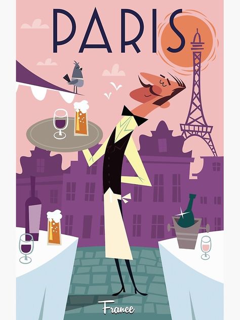 Paris Illustration, Paris Canvas, Paris Poster, Retro Travel Poster, Deco Retro, Paris Cafe, Poster Minimalist, Serving Drinks, Images Vintage