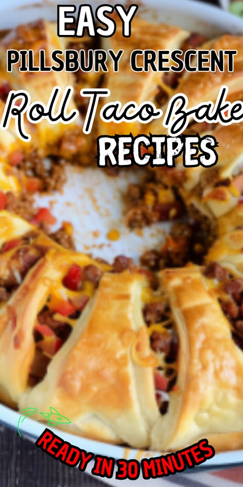 Easy Pillsbury Crescent Roll Taco Bake Taco Cresent Rings Recipes, Taco Wreath Crescent Rolls, Crescent Roll Recipes With Ground Beef, Dinner Ideas With Crescent Rolls, Taco Ring With Crescent Rolls, Crescent Rolls Recipes, Taco Crescent Ring, Crescent Roll Taco, Crescent Roll Taco Bake