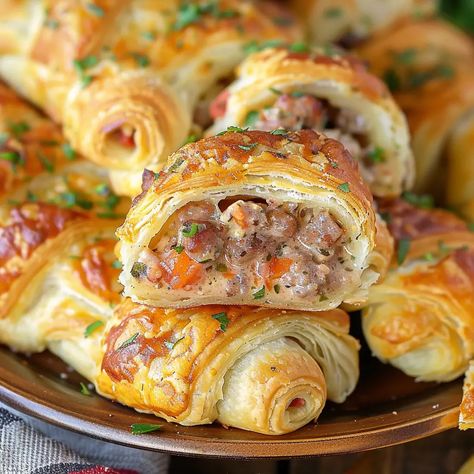 Rotel Sausage & Cream Cheese Crescents Rotel Cream Cheese Sausage Balls, Crescent Roll Recipes Appetizers, Sausage Cream Cheese Crescent Rolls, Sausage Cream Cheese Crescents, Cream Cheese Filling Recipe, Cheese Crescent Roll Recipes, Sausage Crescent Rolls, Sausage Cream Cheese, Rotel Recipes