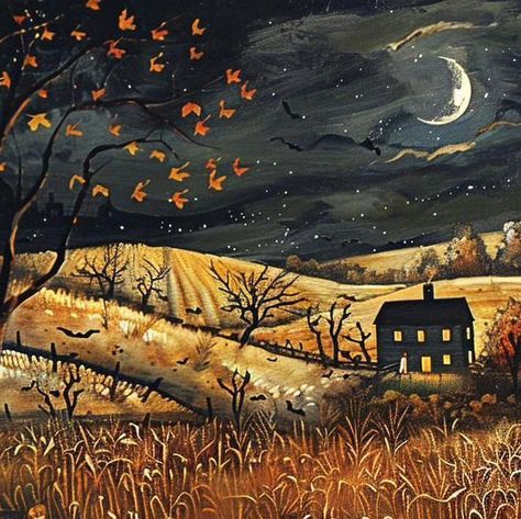 Cute Halloween Landscape, Autumn Illustration Art, Fall Illustration Art, Autumnal Art, Fall Folk Art, Autumn Art Ideas, Halloween Landscape, Autumn Journal, Night Autumn