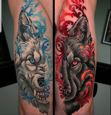 Twin Wolf Tattoo, Husband And Wife Wolf Tattoos, Wolf Tattoo Matching, Couples Wolf Tattoos Love, Wolf Tattoo For Couples, Male And Female Wolf Tattoo, Matching Wolf Tattoos Couples, His And Hers Wolf Tattoos, The One You Feed Tattoos