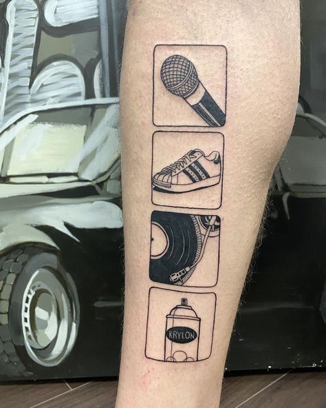 Multidisciplinary Since 1997 on Instagram: “This #4elements of #hiphop goes to New Orleans 👊 thanks Dennis to drop at @saudade_tattoo_bcn today  @electricinkeurope @electricink…” Old School Rap Tattoo, Hip Hop Inspired Tattoos, Gym Related Tattoos For Men, Hiphop Tattoo Old School, Hiphop Tattoo Ideas, Hop Tattoo Ideas, Hip Hop Tattoo Ideas, Funk Tattoo, Hip Hop Tattoos