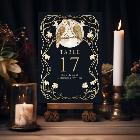 Elegant Art Nouveau Owls Wedding Table Number Celebrate your special day with this Art Nouveau design. The design on the back of the invite is NOT real gold foil. Matching Items in our shop for a complete party theme. Swipe to see the available colors. For more invitations and gifts, our Zazzle shop #linkinbio #ZazzleMade #wedding #weddingtablecards #weddingreception #weddingstationery #weddingplanner #gothicwedding #enchantedwedding #weddingplans #weddinginspiration #weddinginspo #hallow... Table Placement Cards Wedding, Gothic Art Nouveau, Gothic Wedding Theme, Owl Wedding, Placement Cards, Whimsical Aesthetic, Card Table Wedding, Enchanted Wedding, Wedding Table Number