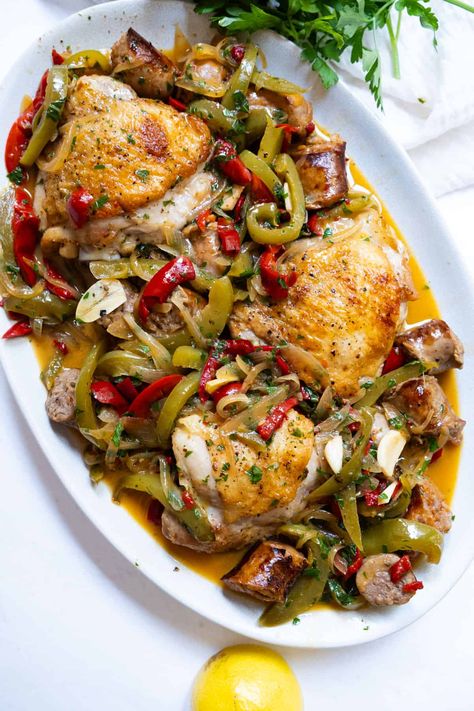 Restaurant-Style Chicken Scarpariello - always from scratch Chicken Scappolini, Chicken Scaparielo, Italian Sausage And Chicken, Chicken Scarpariello Recipe, Peppers And Chicken, Chicken Scarpariello, Italy Recipes, Chicken Sausage Recipes, Chicken Saltimbocca