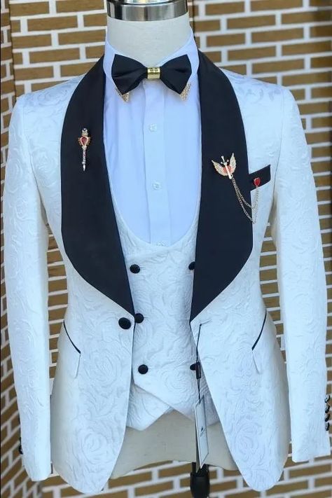 Chasel Three Pieces White Jacquard Bespoke Wedding Suits With Black Lapel All White Groom Attire, Custom Tuxedos Weddings, Groom White Suit Wedding, Silver Prom Suits, Groom Suits For Wedding, Suits Men Fashion, White Tuxedo Wedding, Mens White Suit, Fancy Suits