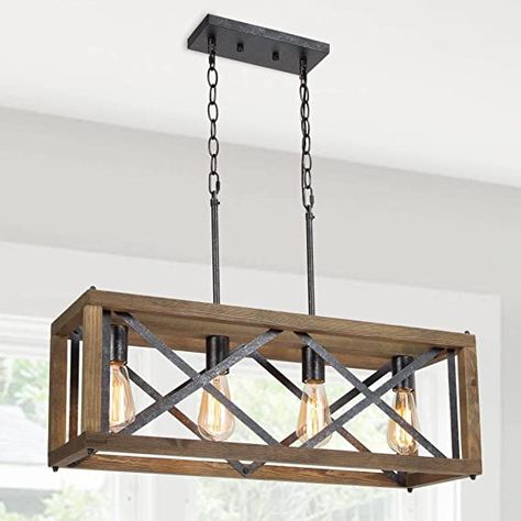 Industrial Farmhouse Kitchen Island, Industrial Farmhouse Kitchen, Lighting Fixtures Kitchen Island, Cage Chandelier, Rectangular Chandelier, Farmhouse Kitchen Island, Kitchen Island Chandelier, Island Chandelier, Industrial Ceiling Lights