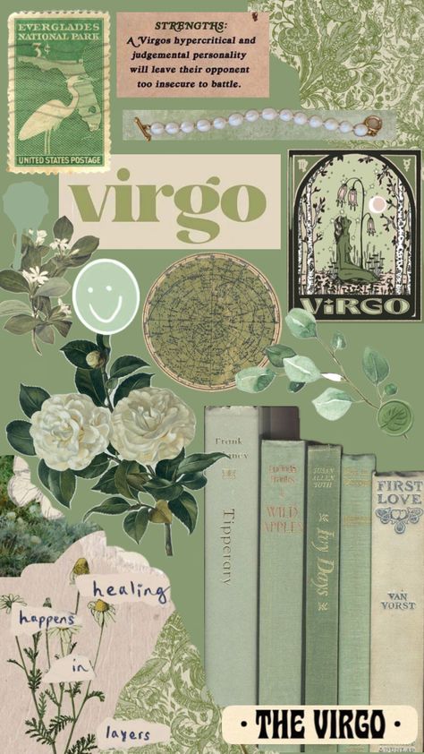 #virgoaesthetic #art #vintagecollage #green Virgo Wallpaper Iphone, Virgo Moodboard, Virgo + Core + Aesthetic, Mood Board Painting, Aesthetic Virgo, Virgo Core, Virgo Wallpaper, Virgo Mood, Virgo Sun