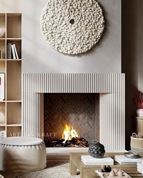 Artisan Kraft on Instagram: "Reeded Fireplace Mantel Limestone Cast by @artisan.kraft Shop our link in bio for more fluted style fireplace surrounds #artisankraft" Reeded Fireplace, Off Center Fireplace, Cast Stone Mantel, Modern Mantel, Cast Stone Fireplace, Stone Fireplace Mantel, Style Fireplace, Stone Mantel, Mantel Surround