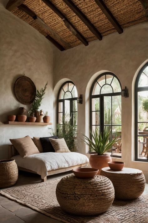 A cozy Mediterranean-style interior featuring arched doorways, rustic wooden ceilings, and natural decor like potted plants and woven rugs for a warm, inviting atmosphere. Dark Mediterranean Decor, Mediterranean Style Homes Interior Decor, Organic Mediterranean Home, Earthy Old World Decor, Earthy Old World, Meditterean House Interior, Rustic Spanish Decor, Rustic Minimalist Home, Earthy Old World Aesthetic