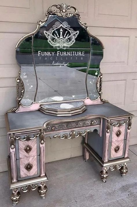 Antique Vanity, Makeup Table, Furniture Renovation, Funky Furniture, Funky Painted Furniture, Refurbished Furniture, Paint Furniture, Flipping Furniture, Redo Furniture